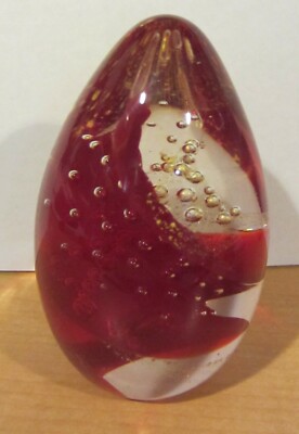 Glass Eye Studio GES red/ bubbles  Egg Shaped Paperweight-image