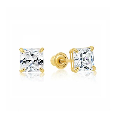2.50CT Princess Simulated Diamond Studs Earrings Real 14K Yellow Gold Screwback-image