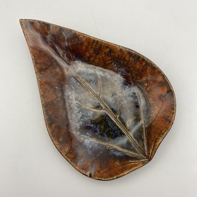 Japanese Studio Pottery Real Leaf Impression Trinket Dish Plate 6.5” X 4” Signed-image