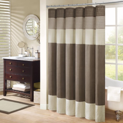 Madison Park Amherst Bathroom Shower Curtain Faux Silk Pieced Striped Modern Mic-image