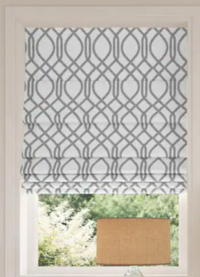 Sun Zero Detour Cordless White Blackout Modern Blue Trellis Fabric Roman Shade-image