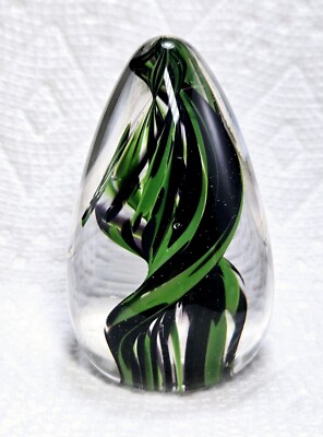 Studio Art Glass Green & Black Spiral Egg Shaped Paperweight  Signed P.G. '91-image