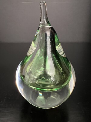 STUDIO AHUS SWEDEN STUDIO ART GLASS GREEN TINT PEAR SHAPED PAPERWEIGHT - 1994-image