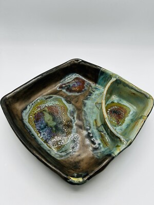 Studio Art Pottery Signed Chip And Dip Square Bowl GORGEOUS Blues Greens Browns-image