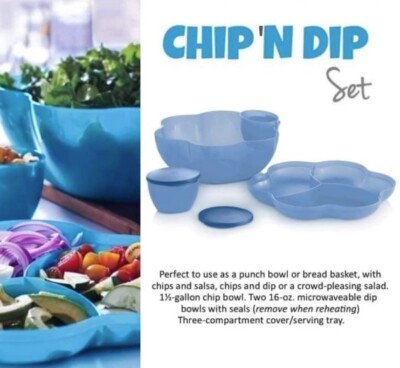 Tupperware CHIP 'N DIP SERVING SET Blue ~ Large 1.5 Gallon w/2 Dip Bowls ~ NEW!-image