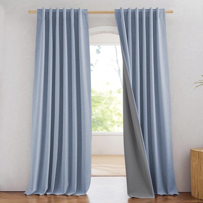 100% Blackout Stone Blue Linen Curtains 90 inches Length with Thermal Insulat...-image
