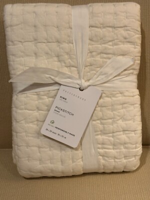 NEW Pottery Barn Pickstitch Handcrafted Cotton Linen  KING Sham Sonoma IVORY-image