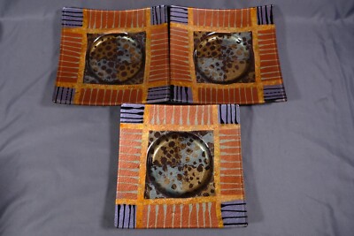 3 x Tony Evans Art Glass Square Plates/Bowls Signed 8 7/8