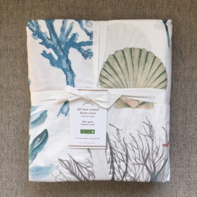 POTTERY BARN Del Mar Coastal ORGANIC DUVET COVER only Queen Seashell ocean-image