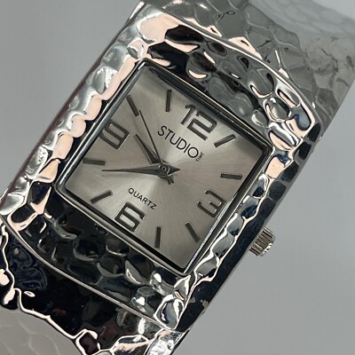 STUDIO TIME Women's Watch Hinged Shiny 6” Hammered Wide Hinged Cuff NEW BATTERY-image