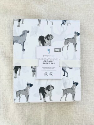 Pottery barn kids Organic Decorator Dogs  Sheet Set Twin Grey Blue white-image