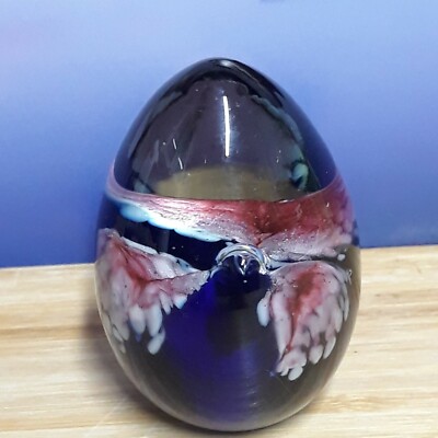 Glass Eye Studio Cobalt and Pink Flower Egg Paperweight-image
