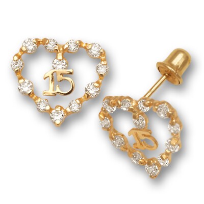 14K Yellow Gold Heart Shaped 15 Number kids Earrings-image
