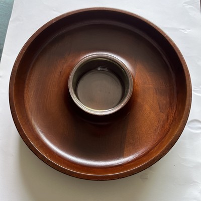 Vintage Solid Wooden Chip And Dip Snack Tray Large Size 14” Wide-image