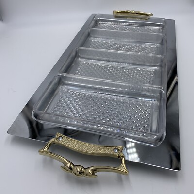 Kromex Tray w 4 Acrylic Dividers Condiment  Horderves 20 X 9 Silver Gold Vanity-image