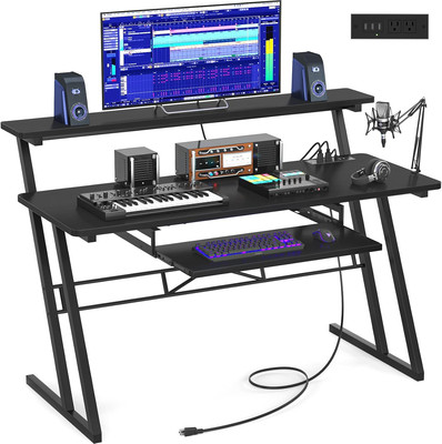 47'' Music Studio Desk with Power Outlet, Studio Desk for Music Production, Reco-image