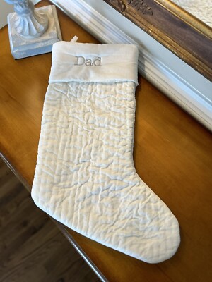 Pottery Barn Channel Velvet Quilted Christmas Stocking Large Ivory Mono “Dad”-image