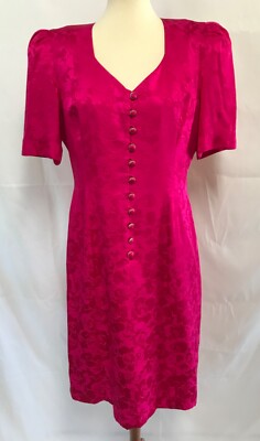 Vintage Silk Studio Sz 14 Pink Floral Sheath Dress Half Button Front Puff Sleeve-image