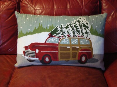 Pottery Barn WOODY CAR Crewel Embroidered Pillow Cover with Pillow  (Read)-image