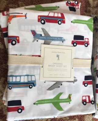 Pottery Barn Brody Cars Sheet Set Multi Color Queen Trucks Buses Madras 4pc Kids-image