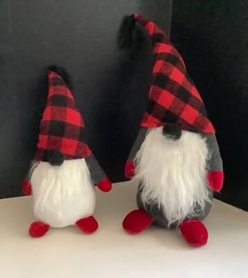 Set of 2 Pottery Barn Plush Gnome Pillows Buffalo Check Medium and Small NEW-image