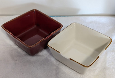 Pottery Barn Asian Square Noodle/Rice/Soup Dish Ceramic 1 Burgandy & 1 Cream-image
