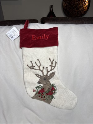 Pottery Barn Holiday Icons Crewel Stockings Reindeer “Emily” Monogram-image