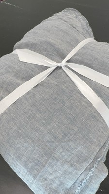 Pottery Barn Belgian Flax Linen Double Flange Duvet Cover Chambray Blue  King-image