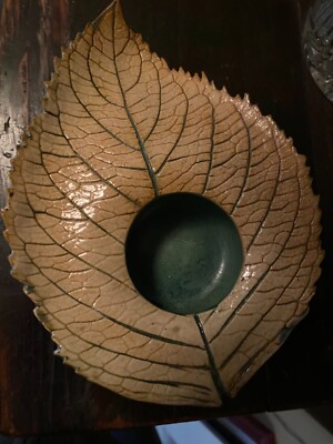 Large Leaf Shaped Pottery Studio Art Handmade Artisan Trinket Tea Light Signed-image