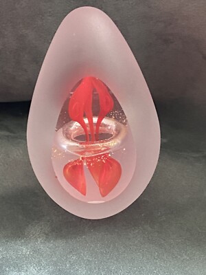 Satin, Clear & Red Glass Egg Shaped Paperweight W/Glitter & Controlled Bubbles-image