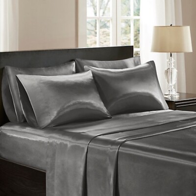 Luxury Charcoal Grey 4 Piece Satin Sheet Set Deep Pockets King Size NEW OTHER*-image