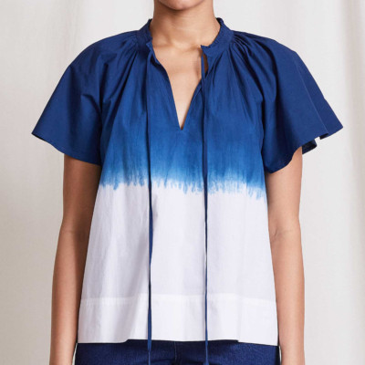 Apiece Apart Womens L Blue White Dip Dye Vera Petal Peasant Blouse Top Butterfly-image