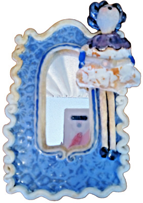 CK Carol Kaminski Studio Art Pottery Blue Wall Mirror Singing Girl Heart Lips-image