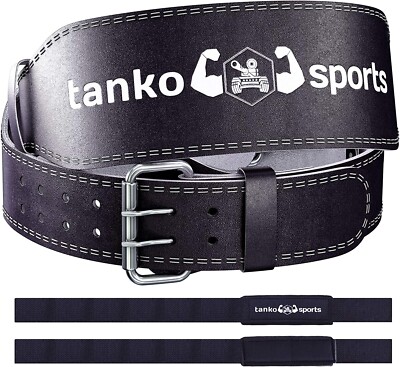 Tanko Sports Large Leather Weighlifting Power Dead Lift Dip Belt +Lifting Straps-image