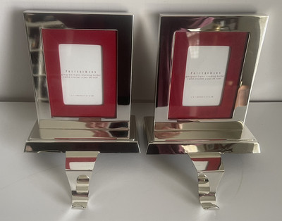 2 Pottery Barn Silver Grosgrain Red Picture Frames Christmas Stocking Holders-image