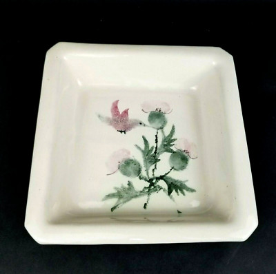 Studio Pottery Square Dish Hand Painted Hummingbird Flowers by Polly Pottery-image