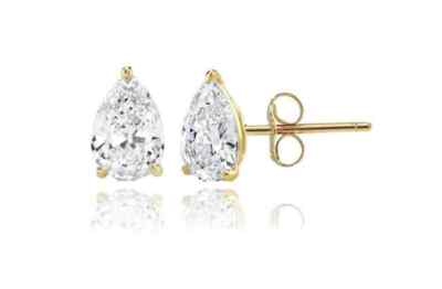 Real 14K Solid Yellow Gold Pear Shaped Pushback Studs with Sparkling CZ Stone-image