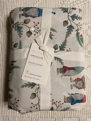 Pottery Barn White Forest Gnome Organic Cotton Duvet Cover King / Cal King NWT-image