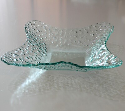 Contemporary Square Art Studio Glass Bowl Dish Aqua Blue Green Nubby Texture-image
