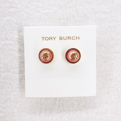 Tory Burch Melodie Pearl Logo Stud Dome Earrings Peach Pink/Tory Gold OS-image