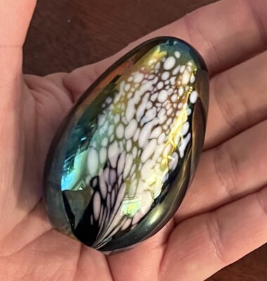 VTG Glass Eye Studio Dichroic Iridescent Egg Shaped Paperweight Signed GES 91-image