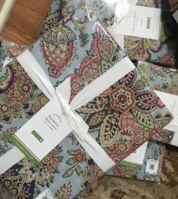 Pottery Barn Florentine Duvet Cover Blue King 2 Standard Shams Floral Gingham 3p-image