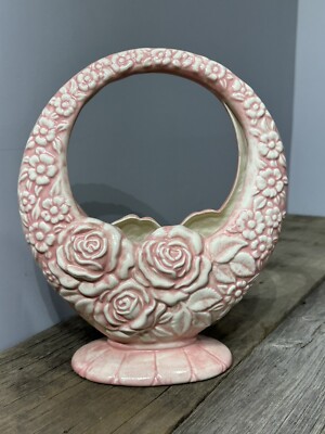 Vintage Studio Art Flower Moon Basket Vase Pink & White Artist Signed-image