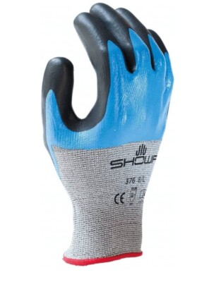 Showa 376L-08 Foam Nitrile Coated Gloves, 3/4 Dip Coverage, Black/Blue, L, 12 Pk-image