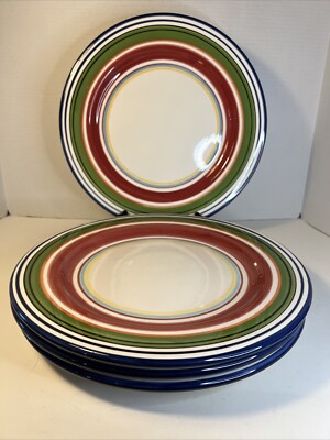 Pottery Barn Espadrille Stripe Dinner Plates (Set of 4) Hand Painted 12 1/2