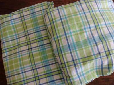 POTTERY BARN TEEN Lime GREEN Multi PLAID Reversible QUEEN DUVET+FITTED SHEET 2PC-image