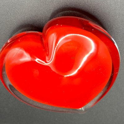 Studio Art Glass Hand Blown Red Heart Shaped Paperweight Clear  Border 3-1/2”-image