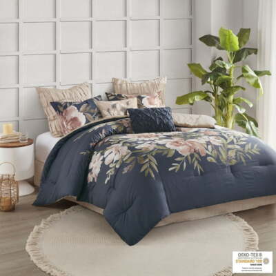 Madison Park Maia Navy Blush Floral Print 8-piece Cotton Comforter Set, Cal King-image