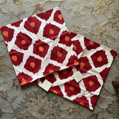 NWT Pair/2 Pottery Barn Organic Cotton Ikat 20” Pillow Covers White Red Orange-image