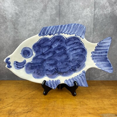 Hand Made Painted Fish Shaped 19” Serving Platter Blue White Studio Art Pottery-image